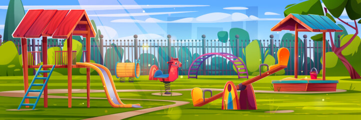 Playground park in kindergarten cartoon summer landscape background. Outdoor play ground recreation for children in public area with cityscape scenery. Ladder, sandpit and seesaw childhood activity - obrazy, fototapety, plakaty