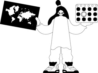 The enthusiastic woman is holding a world chart and a calendar. Tourism subject. Dim and white line craftsmanship. Trendy style, Vector Illustration