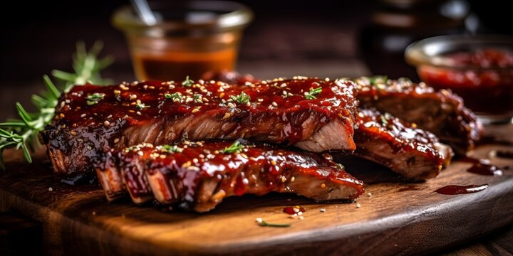 Ribs, succulent and smoky, billowing smoke and caramelized glaze, rustic and vibrant, wooden cutting board and barbecue sauce. Generative AI.