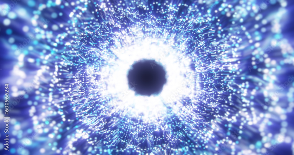 Poster abstract blue energy tunnel made of particles and a grid of high-tech lines with a glowing backgroun