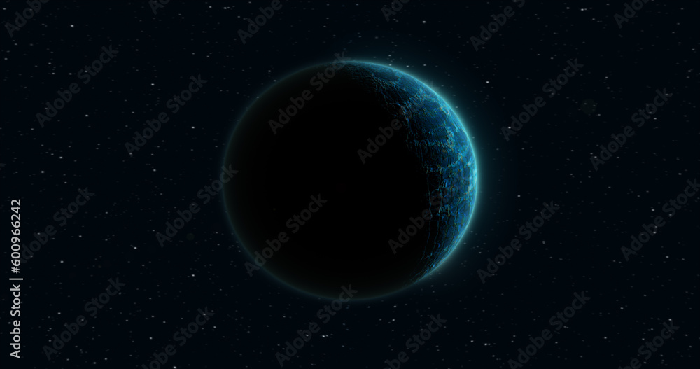 Poster abstract realistic space spinning planet round sphere with a water surface in space against the back