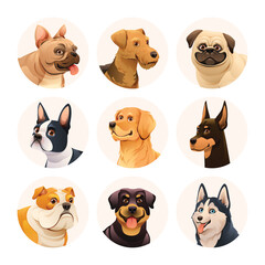 Fototapeta premium Dog avatar character set. Collection of different dog breeds vector illustration