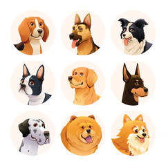 Fototapeta premium Dog avatar character set. Collection of different dog breeds cartoon illustration