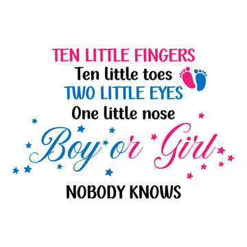 Ten little fingers Ten little toes Two little eyes One little nose Boy or girl Nobody knows. Gender reveal party card, banner vector element design