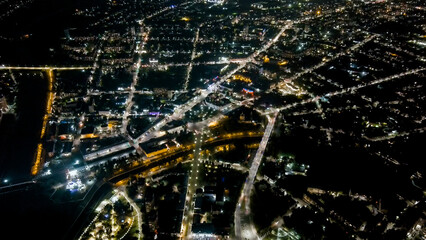Oryol, Russia. Embankment of the river Orlik. History Center. View of the city from the air. Night flight, Aerial View