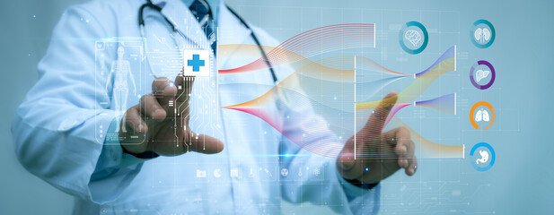 A medical worker touch virtual hologram of human analytics with big data technology and data science. Data flow concept. Medical computing digital composite.