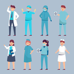 Medical personnel illustration in various outfits To perform duties in hospitals