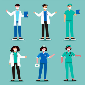 Medical personnel illustration in various outfits To perform duties in hospitals