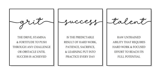 Grit, Success, Talent. Motivational wall art. Inspirational quotes canvas art for home, office wall decor. Positive quotes. Grit, Success, Talent poster frame. Quote 3 piece print posters. - obrazy, fototapety, plakaty