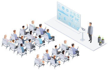Party meeting isometric. Presentation conference coworking workplace brainstorming and discussion isolated. Business report, public speaking at work. Indicators and coaching. Vector, 3d