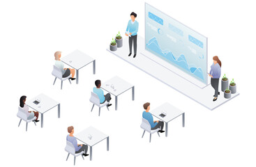 Business presentation, speech. Scene of whiteboard meeting, business report, public speaking at work. Conference coworking workplace brainstorming and discussion isolated. Vector isometric, 3d