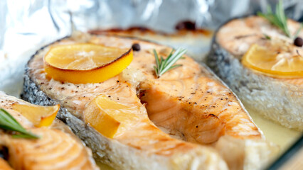 salmon steaks with spices and lemon