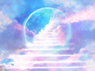 Stairs toward the heaven and big blue moon in cloud landscape