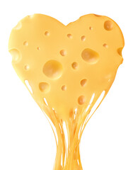 Melted piece of cheese in the shape of a heart on a white isolated background