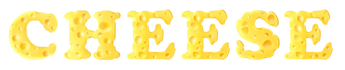 Cheese in the form of letters. Cheese text on white isolated background