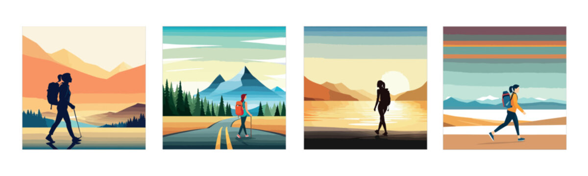 Banner set Hiker person woman hiking or trekking with backpack walking in mountain forest outdoor wilderness landscape, vector illustration camping