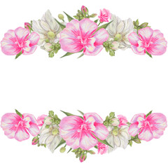 Watercolor realistic bouquets of pink and white flowers - frame, border for wedding, birthday, St Valentine's card.