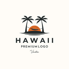 sunset view beach palm tree vintage logo vector minimalist illustration design, paradise in hawaii logo design