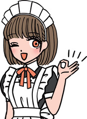 OKサインを出すオレンジの胸のリボンをつけた茶髪メイド