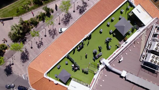 Aerial top down view of the terrace in Galeries Lafayette in Perpignan, France