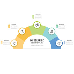 Semicircular paper origami infographic template or element with 5 step, process, option, colorful 3D circle, button, label, icons, rectangle, bar, flat for sale slide, brochure, flowchart, workflow