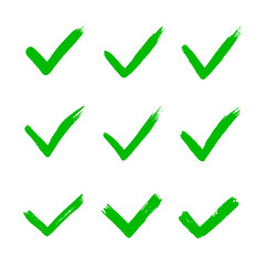 Dirty grunge hand drawn tick v with brush strokes vector illustration set isolated on white background mark graphic design. Check mark symbol YES button for vote in check box, web, etc.