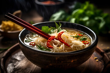 hot chili soup with chicken, vegetables and spices on dark background
