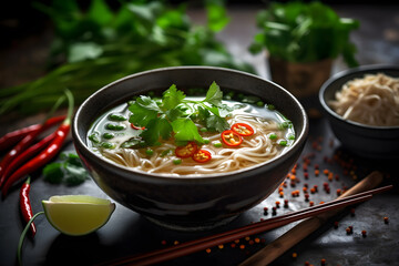 hot chili soup with chicken, vegetables and spices on dark background