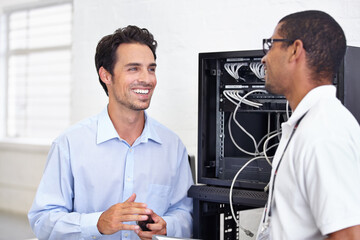 Server room, it support and maintenance with a technician talking to a business man about cyber security. Network, database and consulting with an engineer chatting about information technology