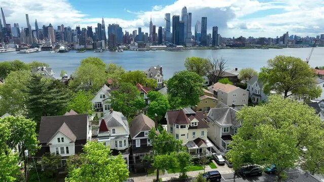 Homes in Weehawken New Jersey. Residential houses with view of Manhattan NYC skyline. Aerial view.