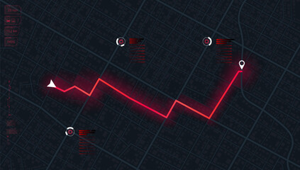 Futuristic mapping technology route of destination point and location on the streets. City top view. View from above the map buildings. Abstract transportation background. Vector, illustration.