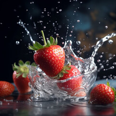 strawberry in glass, splashing vitamin water juice, wellness and nutrition concept by generative AI.