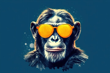 Generative AI illustration of a monkey logo, a chimpanzee wearing sunglasses on a blue isolated background.