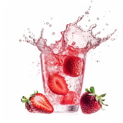 strawberry in glass, splashing vitamin water juice, wellness and nutrition concept by generative AI.