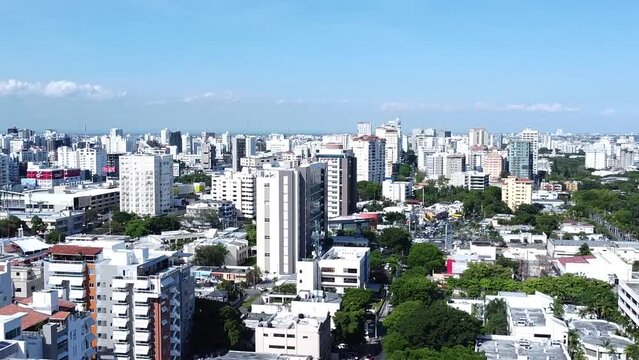 Santo Domingo, Dominican Republic -May 2023 - View from a drone over the streets with tall buildings.
