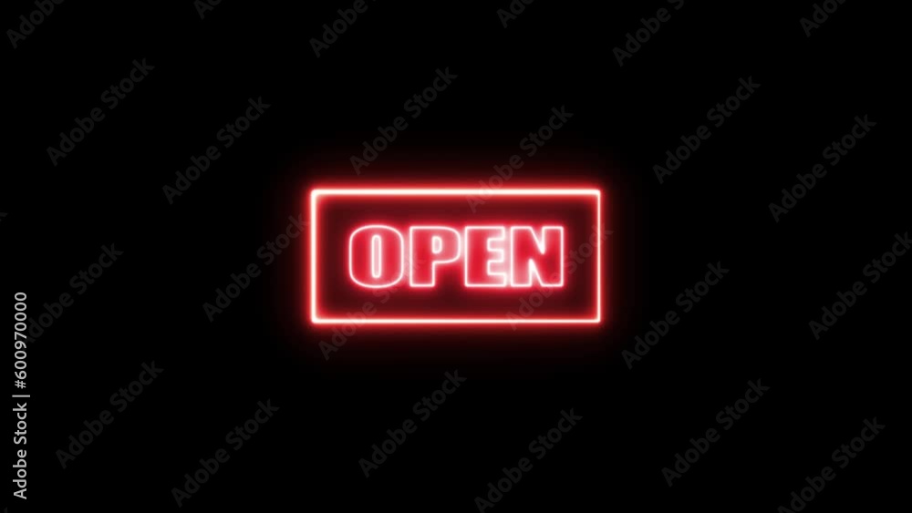 Poster rust color neon sign open. open text with neon effect in black background. open neon sign appear on 