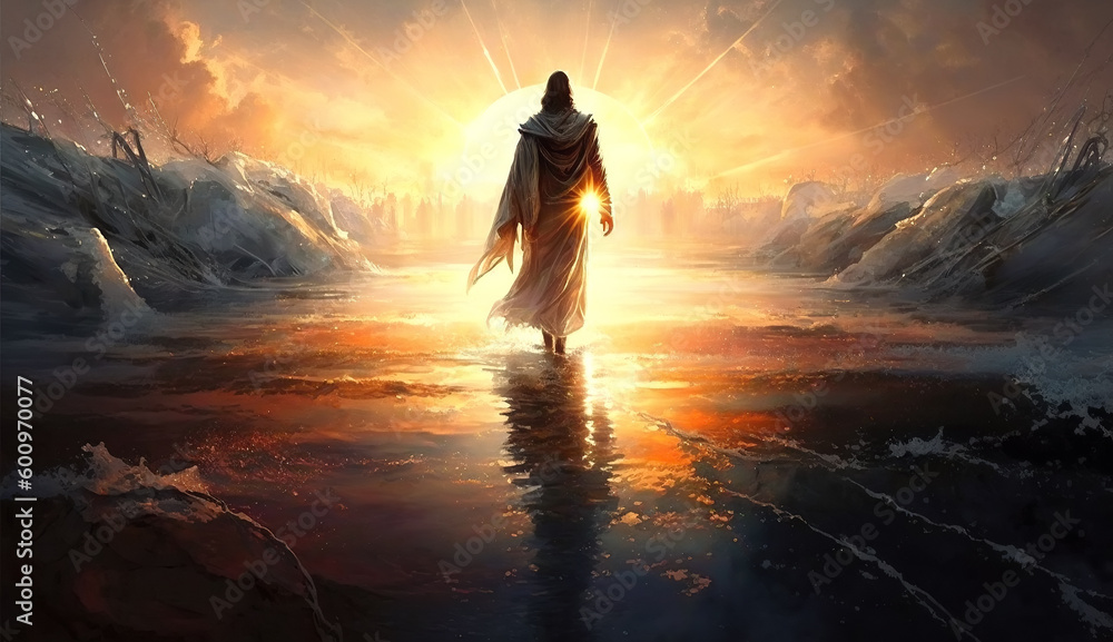 Wall mural god jesus christ walks on water on sea at sunset with sun's holy rays. biblical religious history. g