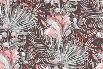 Seamless pattern with herbs and palm leaves and pampas grass for textile 