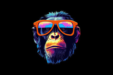 The logo is a monkey character, a chimpanzee in sunglasses. Generative AI illustration on a black isolated background.