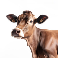 Portrait of a brown cow raised for organic meat on a white background, isolated object.