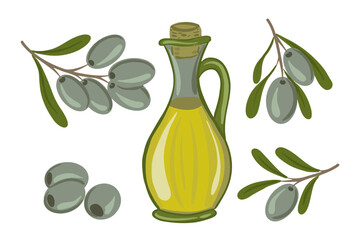 glass bottle with olive oil and olives on white background. Vector set