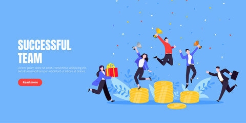 People standing on the money podium rank first three places, jumps in the air with trophy cup. Employee recognition and competition award winner business concept flat style design vector illustration.