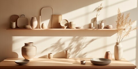 Fototapeta na wymiar a white oak table surface with a collection of beautifully elegant ceramics of all shapes and sizes in off-white and sand tones. Generative AI.