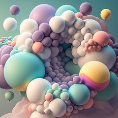 Fototapeta na wymiar circle from pastel balloons. Abstract background with 3d spheres. Colored bubbles. Generative ai