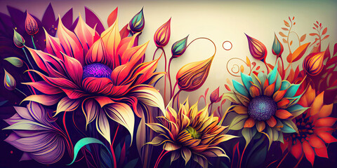 Fototapeta na wymiar Floral fantasy flower wallpaper background illustration (Generative AI)