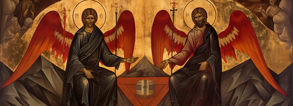 A painting of two angels sitting on top of a mountain. Generative AI.