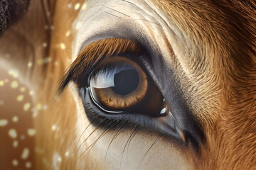 A horse's eye is shown with snow on the ground.
