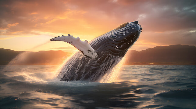 A whale jumps out of the water at sunset
