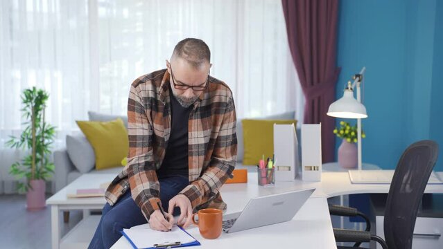 House worker is considerate. Businessman having thoughts about business.