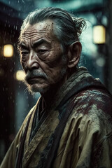 portrait of old Japanese samurai warrior in traditional Asian kimono in city in rain. Generative AI